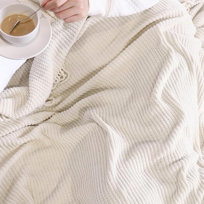 lifein Throw Blanket for Couch, Soft Boho Decor Bed Throw,Cozy Blue Chenille Knitted Small Farmhouse Lightweight Throw for All Season(White,50 * 60")