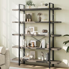 Heavy Duty 5-Tier Industrial Bookcase, 47" Wide Wood Bookshelf for Home Office, 120lbs Shelf Capacity, Rustic Shelving Display with Reinforced Horizontal Shelf for Living Room Bedroom,Grey