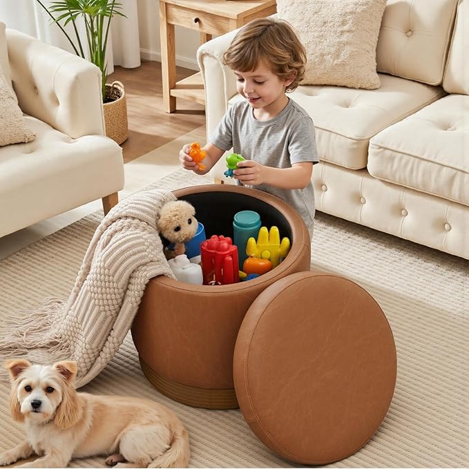 Round Storage Ottoman,Brown Swivel Vanity Stool-Smooth Faux Leather Foot Rest,Footstool Pouf with Sturdy Acacia Wood Frame(500lbs), Hidden Storage Ottoman for Living Room Assembled