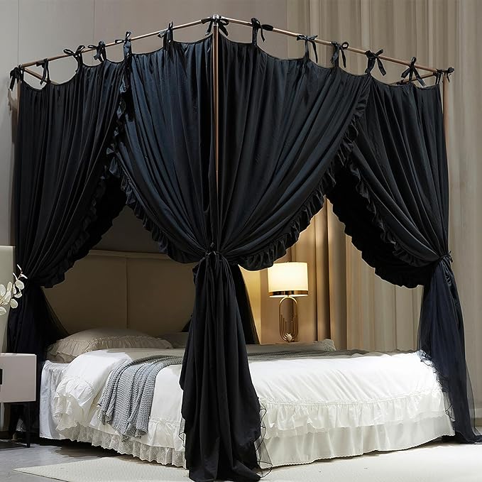 4 Corners Post Princess Curtain Bed Canopy Double Layer Cozy Mosquito Net Mesh and Cloth for Girls Adults Bedroom Decoration (Double-Black/Black, 64" W*82" L*82"*H/(Queen))