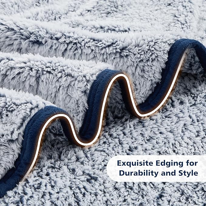 EMME Soft Sherpa Fleece Blanket Reversible Plush Fluffy Large Blanket, Light Weight Warm Decorative Boho Blanket Cover for Sofa, Couch, Bedroom,Travel(Plush Navy,60"x80")