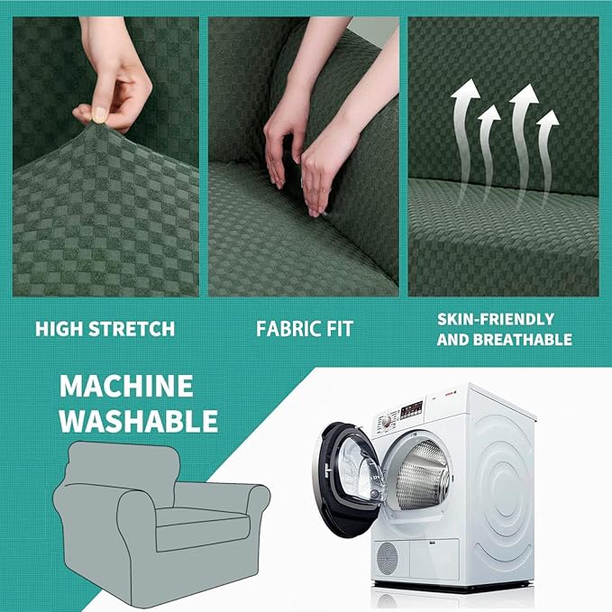 YEMYHOM Latest Checkered 2 Pieces Chair Covers for Living Room High Stretch Thickened Chair Slipcovers with Arms Anti Slip Elastic Armchair Sofa Couch Protector (Army Green), 31"-46"(1 Cushion)