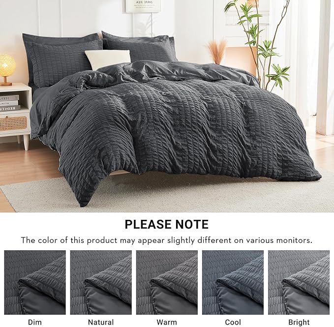 HYMOKEGE Oversized King Comforter Set Seersucker 7 Pieces, All Season Luxury Bed in a Bag for Bedroom, Bedding Set with Comforter, Sheets, Pillowcases & Shams, Dark Grey