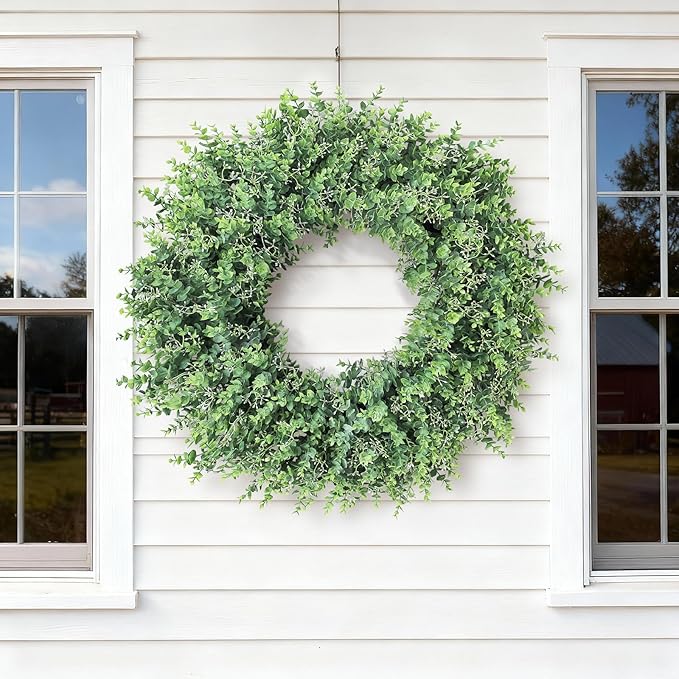 32'' Eucalyptus Wreath for Front Door - Large Artificial Eucalyptus Leaves with White Seeds Greenery Outdoor Wreath for Porch,Window,Farmhouse,Home,Hanging Decor- Spring, Summer, All Seasons (Green) ﻿