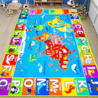 World Map ABC Kid Rug for Playroom Geography 59"×39.4" Classroom Play Rug Educational Baby Playmat Alphabet Rug for Primary School Fluffy Ployester Non-Slip Preschool Rug for Nursery Room
