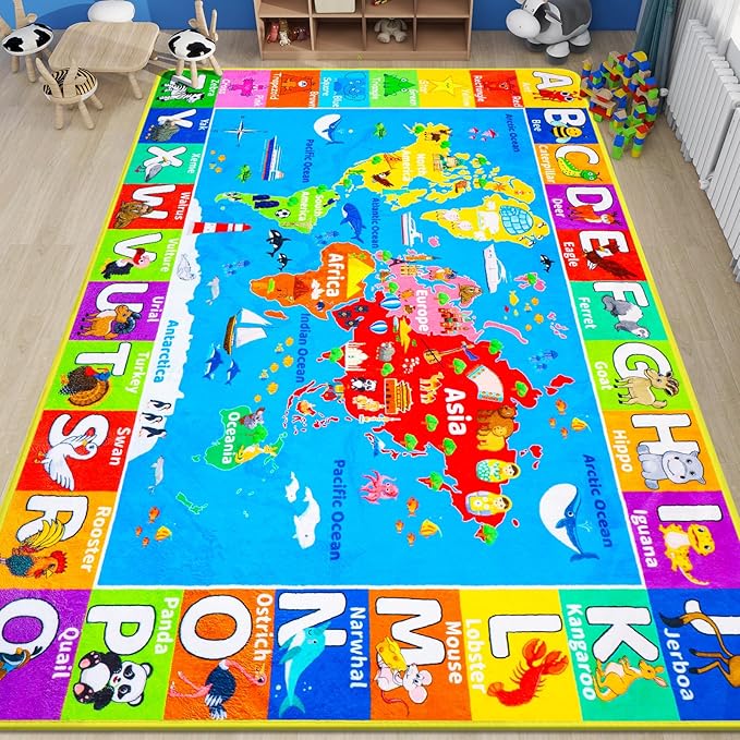 World Map ABC Kid Rug for Playroom Geography 110"×78.7" Classroom Play Rug Educational Baby Playmat Alphabet Rug for Primary School Fluffy Ployester Non-Slip Preschool Rug for Nursery Room