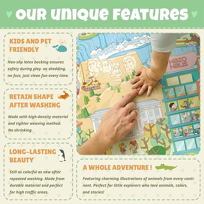 Washable Kids Rug 5x7 North America Map for Playroom – Educational Carpet for Preschool, Daycare, Classroom – Learn Geography, Animals & Landmarks – Fun Washable Activity Rug for Large Kids