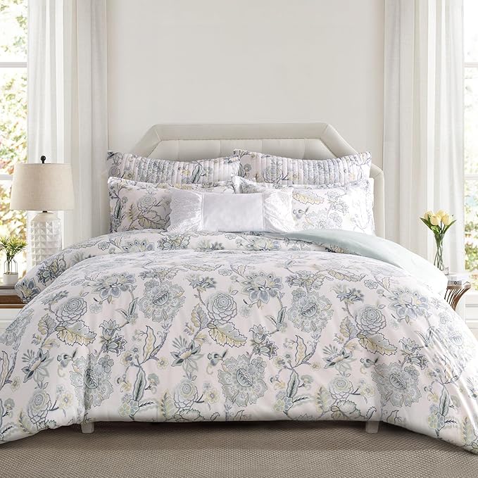 Levtex Home Ophelia Spa Reversible Queen Duvet Cover Set (90x94in) with 2 Pillowcases (26x20in) - Floral Bedding - Blue, Yellow, White - Rayon Queen Size Duvet Cover Set - Soft, Pre-Washed