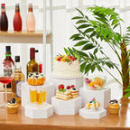 Leinuosen 6 Pcs Large Buffet Risers, 5.5 to 8 Inch Catering Dessert Table Risers Food Decorative Stands with hollow bottom for Catering Supplies, Party(White, Hexagonal)