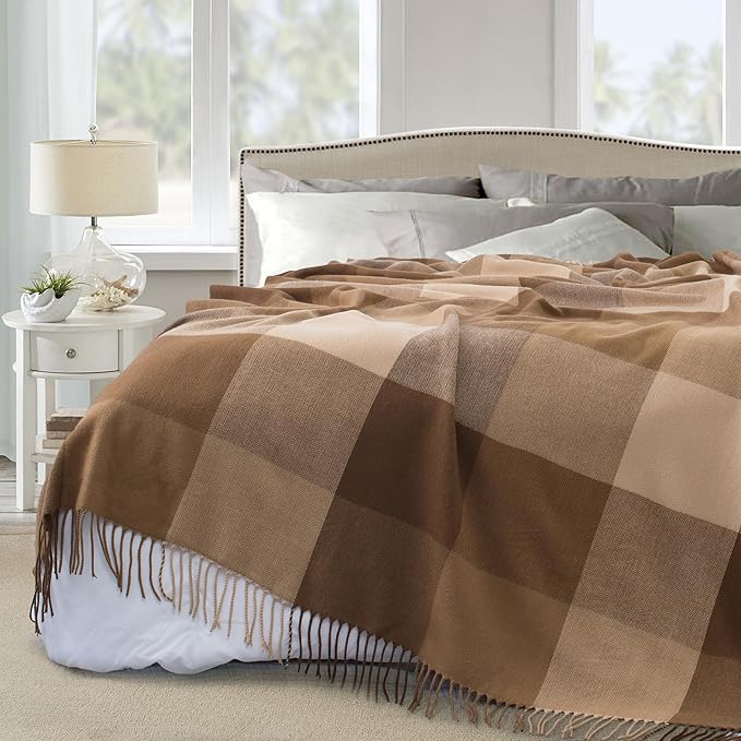Buffalo Plaid Throw Blanket for Couch with Tassels,50"X60" Soft Lightweight Knitted Boho Decorative Blankets for Bed and Sofa Camel
