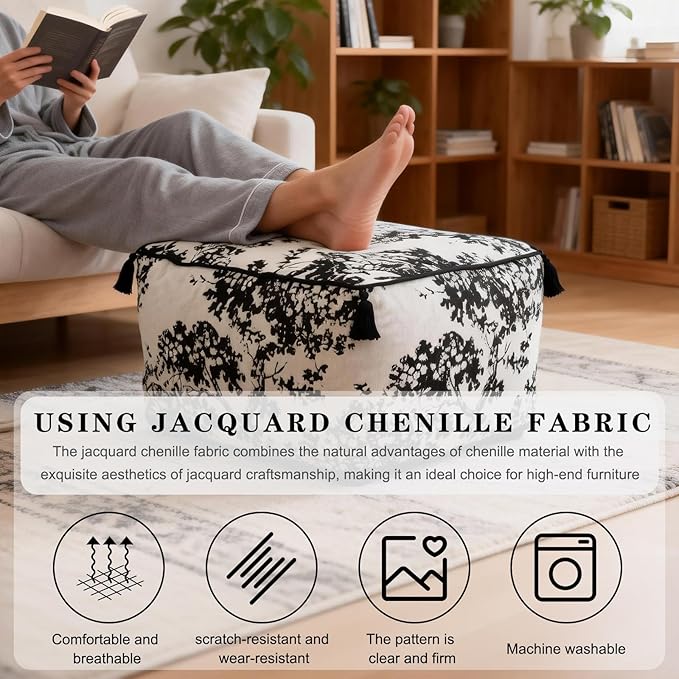 Square Pouf Ottoman Foot Stool with Tassels - Soft Chenille for Living Room & Office - Foot Rest, Home Decor & Removable Cover - Modern Black White Tree Design - 19.7" x 11.8"