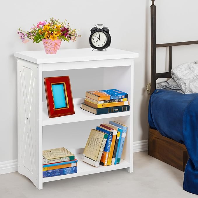 Natural Wood Bookshelf, 3 Tier Bookcase, Freestanding Display Storage Shelves Open Bookshelf for Bedroom, Living Room and Office (White, Table with Back)