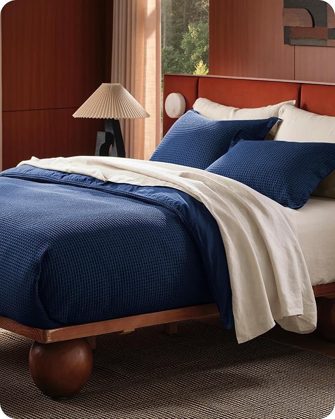 Bedsure Cotton Duvet Cover Set - 100% Cotton Waffle Weave Navy Duvet Cover California King, GentleSoft™ and Breathable Cal King Bedding Set for All Season, 3 Pieces, 104"x98"