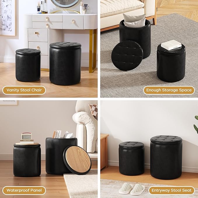 Round Ottoman with Storage Set of 2, 12.6" W x 14.17" H & 14.76" W x 17.32" H Faux Leather Storage Ottoman for Living Room Bedroom, Small Coffee Table Padded Ottoman, Black