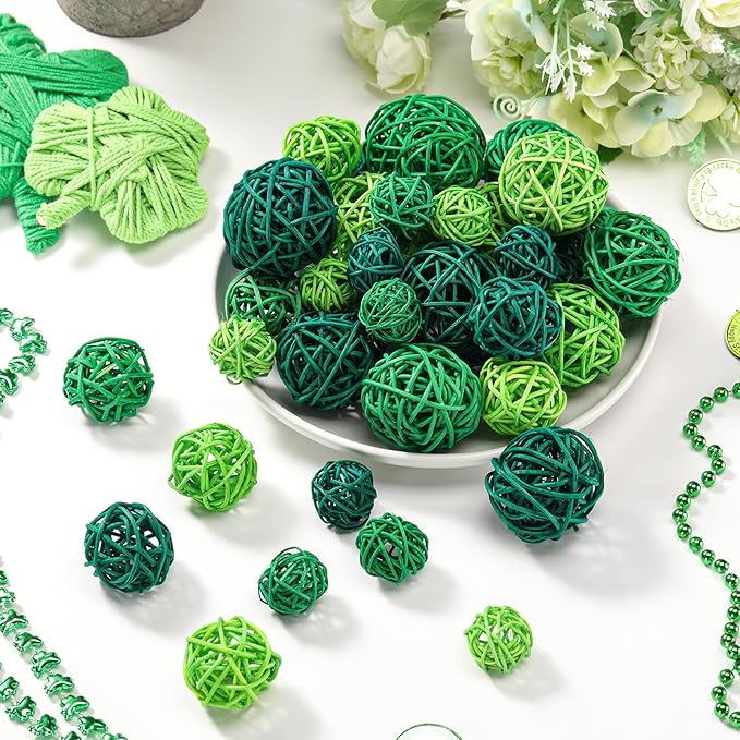 Patelai 36 Pcs Wicker Rattan Balls Decorative Balls for Vase Centerpiece Bowls Orbs Filler for Home Decor,4 Sizes (Dark Green, Grass Green, Fluorescent Green,2.4'',2'',1.6'',1.2'')