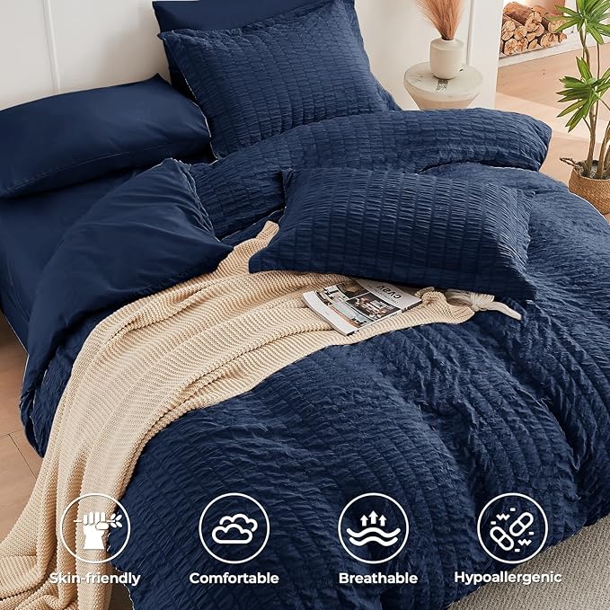 HYMOKEGE Navy Blue Oversized King Comforter Set Seersucker 7 Pieces, All Season Luxury Bed in a Bag for Bedroom, Bedding Set with Comforter, Sheets, Pillowcases & Shams