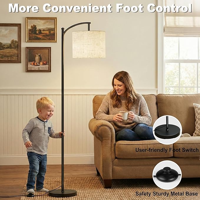 Floor Lamp, LED Floor Lamp with Foot Switch & Adjustable Linen Lampshade, Tall Modern ARC Standing Lamps for Living Room Office Bedroom (9W Replaceable Blub)