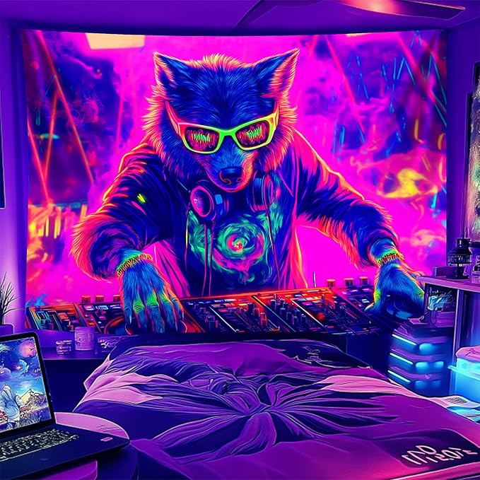 NYZE Wolf Tapestry for Bedroom, Music Wall Tapestry, Party Decor Glow in the Dark Room Decor Tapestries, Cool Galaxy Planet Wall Hanging, Wall Hanging for Room Dorm 79in×59in