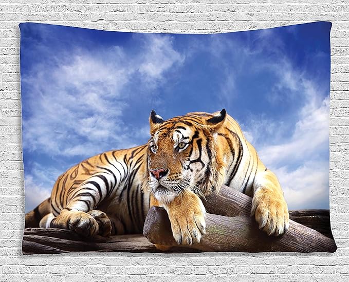 Ambesonne Savannah Tapestry, Tiger Sitting on Wood Clear Blue Sky Wildlife Morning Stripes Predator, Wide Wall Hanging for Bedroom Living Room Dorm, 60" X 40", Blue Mustard Black