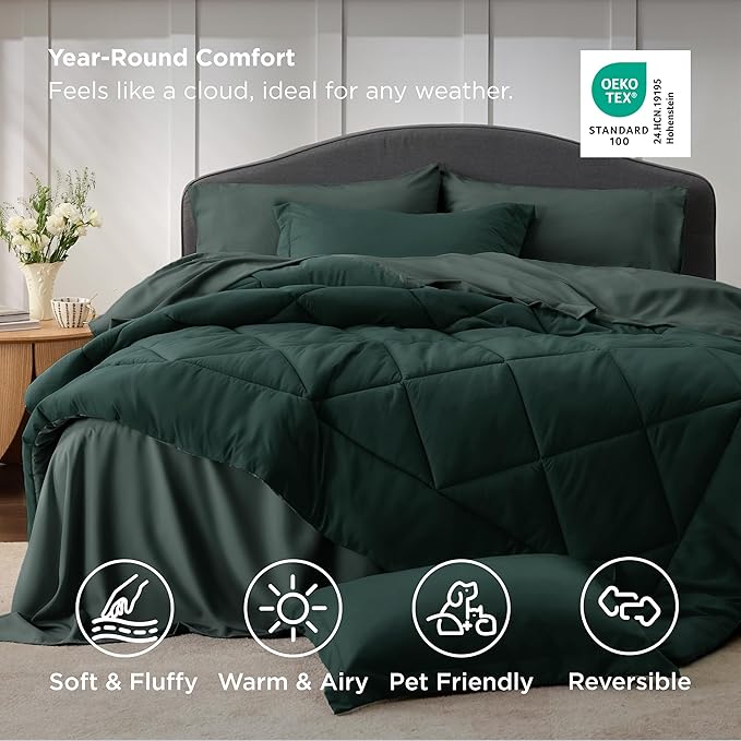 Bedsure Full Comforter Set Emerald Green - 7 Pieces Reversible Bedding, Full Size Bed Set for All Seasons, Bed in a Bag with Down Alternative Comforter, Sheets, Pillowcases & Shams