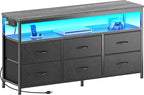 Huuger LED TV Stand for Bedroom, 47 Inch Dresser TV Stand for 43, 50, 55 Inch TV, Grey Black TV Stand with Storage, Entertainment Center with Power Outlets, 6 Drawer Fabric Dresser for Living Room