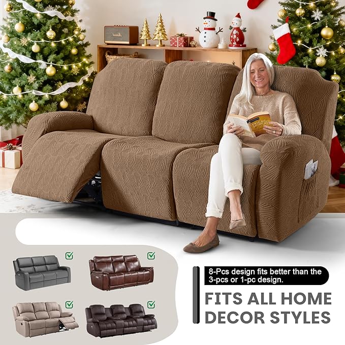 VANSOFY Recliner Couch Cover, 8-Pieces Stretch Recliner Sofa Cover Soft Jacquard Reclining Slipcover Furniture Protector with Elastic Bottom for Kid, Pets(3 Seat,Light Coffee)