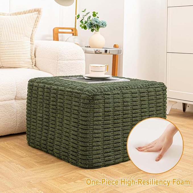 20x20x14 Inches Fluffy Square Pouf Ottoman - Plush Furry Ottoman Foot Rest Stool with High-Density Foam, Versatile Floor Seating for Living Room (Green)