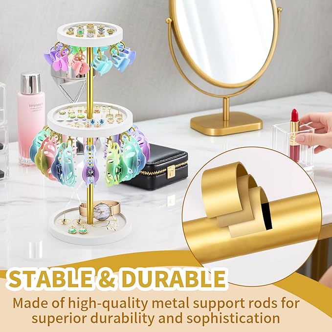 2 Tier Metal Claw Clip Organizer Holder for Women, Table Hair Clip Storage Holder with 22 Hooks and 3 Trays, Hair Accessories Organizer Display Stand for Dressing Table (White)