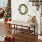 LEILISI Entryway Shoe Bench with Storage, End of Bed Bench, Linen Upholstered Button-Tufted Seat Bench with Solid Wood Frame for Living Room, Bedroom (Beige, 39.4'')
