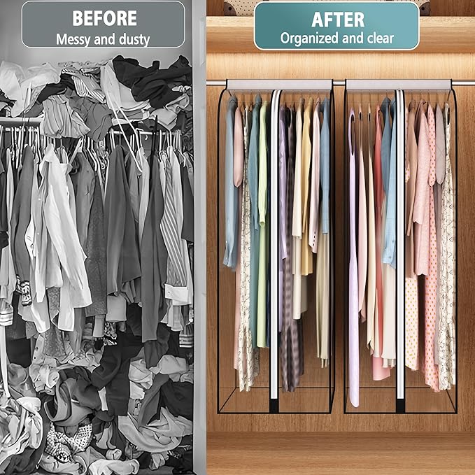 22” Gusseted Garment Bags for Hanging Clothes, All Clear Clothes Cover for Closet Storage, Wardrobe Coat Protector for Suit, Shirt Long Dress, Bottom Enclosed, 2 Pack, 60” Long