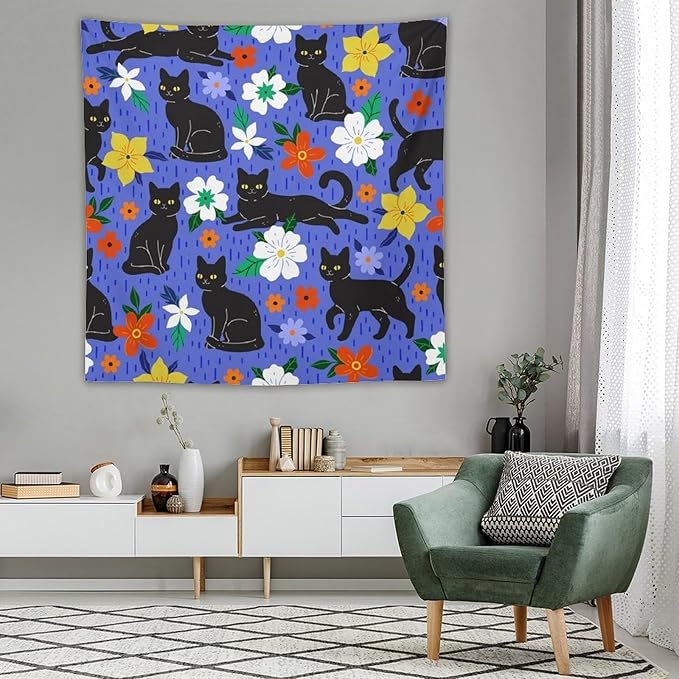 VUMIVI Black Cat Floral Tapestry Red White Hand-Painted Flowers Cute Animals Kids' Doodles Tapestry Wall Hanging for Living Room Bedroom Dorm Classroom Aesthetic Decor W60xL60in