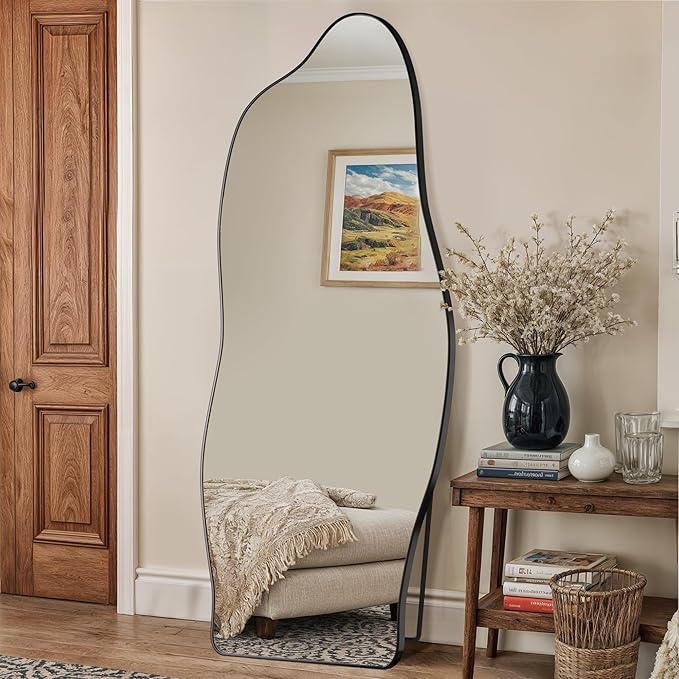 Antok Full Length Mirror, 68"x26" Floor Mirror with Stand, Standing Hanging Leaning Irregular Mirrors for Bedroom Living Room Entryway, Cloud Shaped, Black
