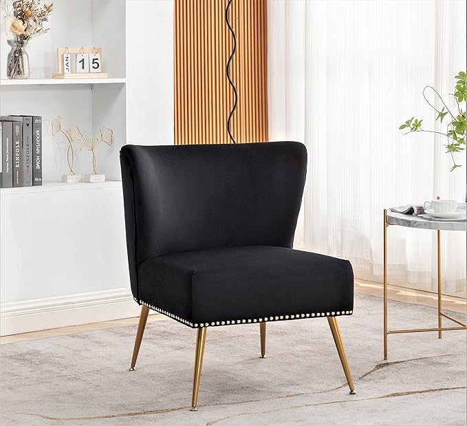 Thia Armless Velvet Accent Chair for Living Room, Elegant Seat with Nailhead Trim, Gold Metal Legs and Comfortable Curved Back, 28" D x 25" W x 29.5" H, Black