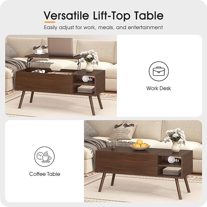 ALINE FURNITURE Walnut Brown Coffee Table Lift Top - Mid Century Modern Coffee Table with Wooden Legs, Hidden Storage Compartment & Open Shelves - 40" Wood Coffee Tables for Living Room & Small Space
