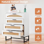 Mericonia 4 Drawer Rattan Dresser for Bedroom, Wood Tall Dresser for Closet with Metal Handles, Boho Nightstand Sets, Dressers & Chests of Drawers for Bedroom, Hallway and Entryway, White