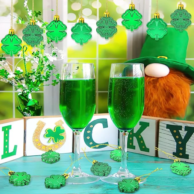 JULMELON 24 PCS St Patricks Day Four Leaf Clover Ornaments for Tree, Mini Green Lucky Four Leaf Shamrock Hanging Irish Saint Patricks Day Tree Decorations for Home Kitchen Party Decor