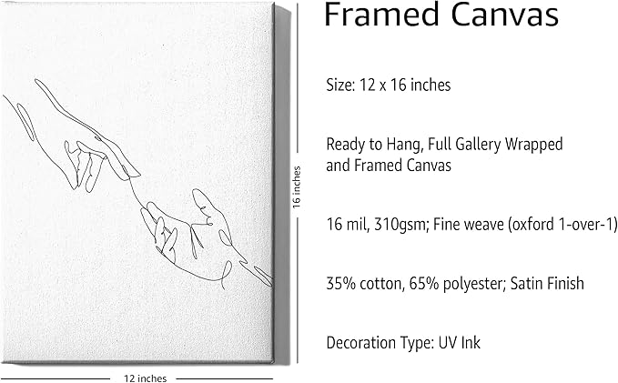 Minimalist Reaching Hands Wrapped Canvas Wall Art Continuous Line Drawing Connection 12x16 Inch Gallery Stretched Modern Aesthetic Home Art Decor