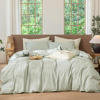 MooMee Striped Duvet Cover Set 100% Washed Cotton Linen Like Textured Breathable Durable Soft Comfy (Sage Green White Pinstripes, Queen 90"x90")