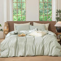 MooMee Striped Duvet Cover Set 100% Washed Cotton Linen Like Textured Breathable Durable Soft Comfy (Sage Green White Pinstripes, King 104"x90")