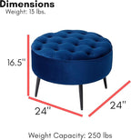 BIRDROCK HOME Tufted Round Ottoman - Velvet Footrest with Cushion and Mid-Century Modern Steel Legs - Ideal for Living Room, Bedroom, or Office Seating - Soft, Compact Decorative Footstool - Navy