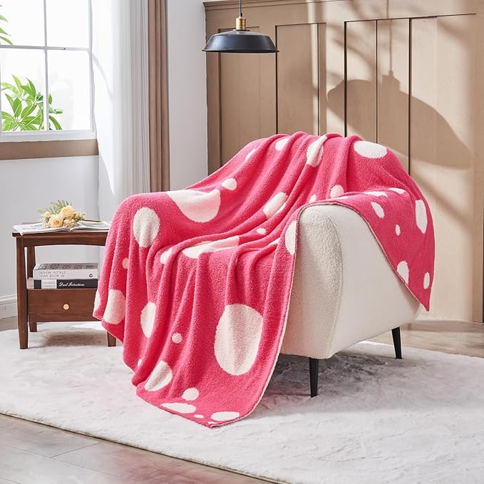 CozeCube Super Soft Fullfy Microfiber Reversible Knitted Blankets, Warm Cozy Fuzzy Plush Throw, Hot Pink and White Polka Dot Throw Blanket for Couch Bed Sofa, 50" x 60"