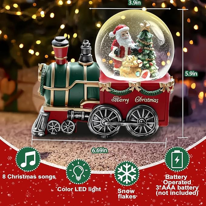 Christmas Snow Globe with Light up and Musical Snowflakes Holiday Decoration, 5.9 Inch Height Santa Claus Train Resin Snowglobe, Christmas Holiday Indoor Decor.