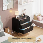 GarveeHome 3 Drawer Dresser for Bedroom, Fluted Modern Nightstand with Deep Drawers, Chest of Drawers with Wide Top, Wooden Dresser Organizer, Side Table for Living Room, Hallway, Kids Room, Black