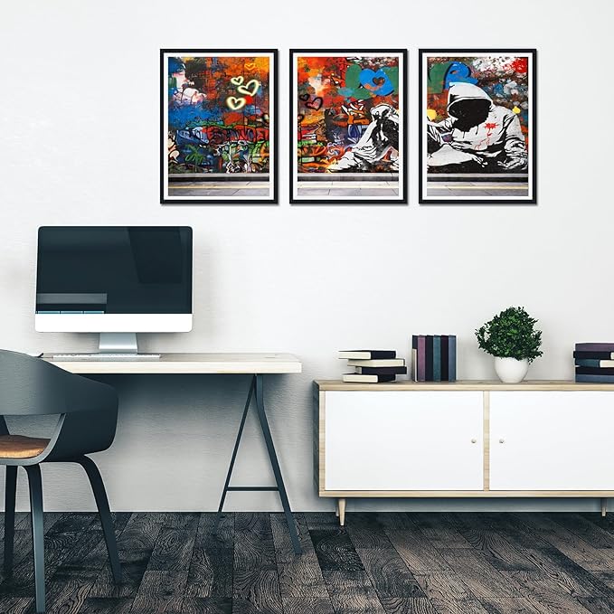 Novatique Modern Street Graffiti Wall Art Banksy Art Wall Decor Abstract Graffiti Poster Canvas Print Living Room Office Decoration,12" x 16" x 3Pcs