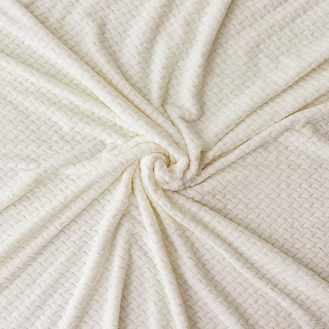 Oversized King Fleece Blanket 120x138 Inches, Seamless Soft Cozy 3D Jacquard Flannel Blanket 10'x11.5' Extra Large for Bed, Sofa, Couch, Travel & Camping, California King Throw, Ivory White Leaf