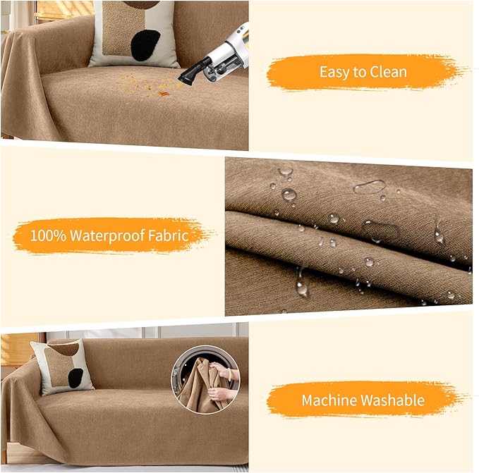 Deep Dream Waterproof Couch Covers for 3 Cushion Couch, Cat-Scratch Resistant Sofa Cover, Pet Friendly Anti Slip Sofa Slipcovers Furniture Protector Washable Sofa Covers, 91" x 118", Brown