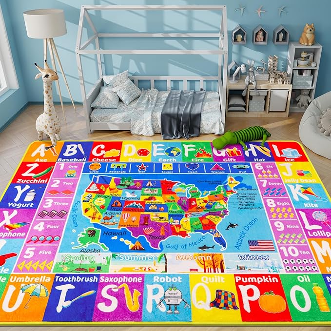 USA Map ABC Kid Rug for Playroom 110"×78.7"Geography Classroom Play Rug Educational Baby Playmat State Symbols, ABC Letters, Numbers, Seasons&Shapes Fluffy Ployester Non-Slip Preschool Nursery Rug
