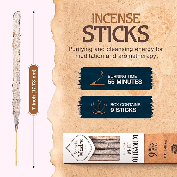 Sagrada Madre 9 pcs Wildly Harvested - White Olibanum/Frankincense Incense Sticks, 7" Long - Thick Aromatic Incense Sticks (45-55 min Burning Time) to Neutralize Negative Energies & Harmonizing Space
