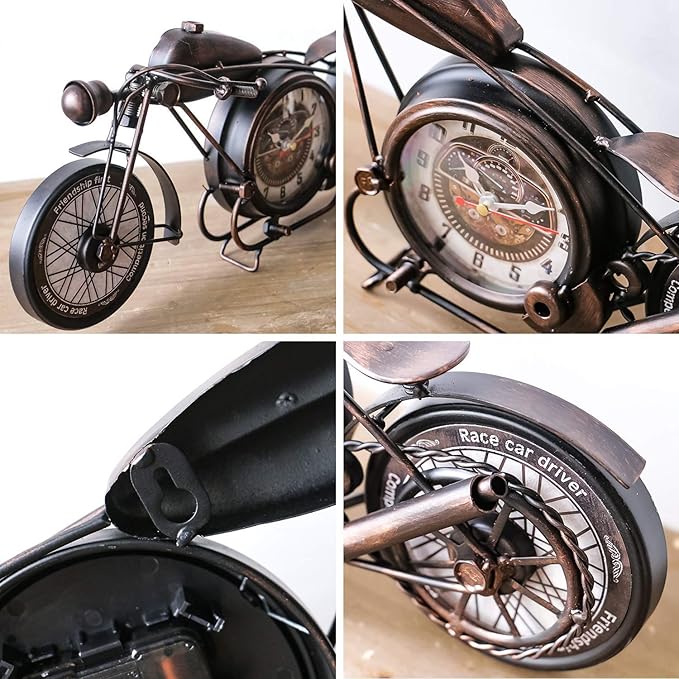 YOUKI Metal Motorcycle Art Wall Decor Desk Shelf Clocks Non Ticking Battery Operated Home Decorative Gift Idea,Wall Decorations for Bedroom Office 16.6 x 1.5X 7.9 Inches,Bronze