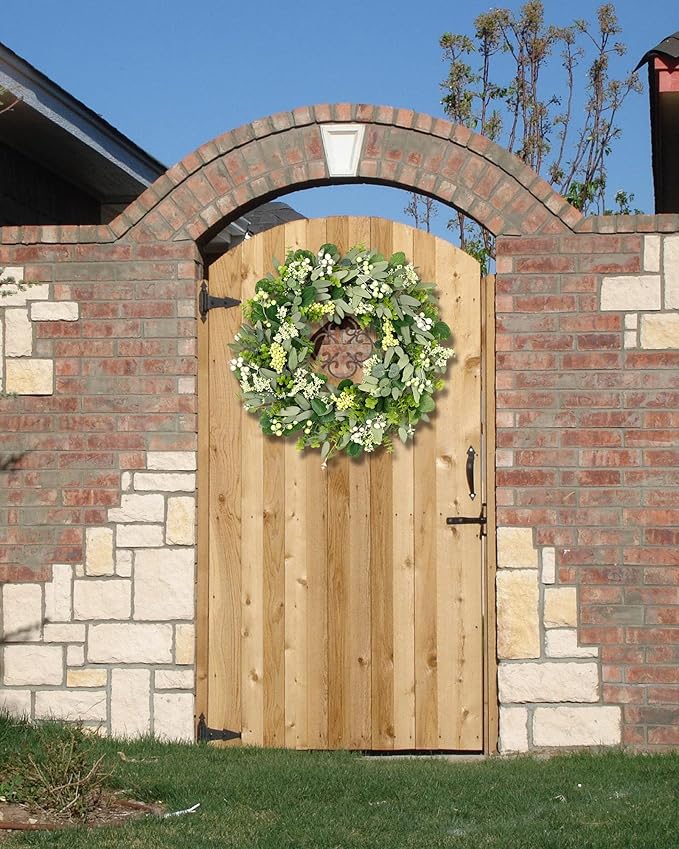 Vlorart 2 Pack Green Eucalyptus Leaf Wreaths, 24 Inch Artificial Spring Summer Wreaths for Front Door Decor Boxwood Wreath with Big Berries, Farmhouse Greenery Wreath Outside Year Round Indoor/Outdoor